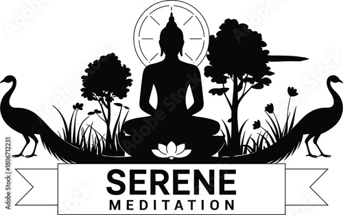 Silhouette of buddha in meditation with peacocks and serene text