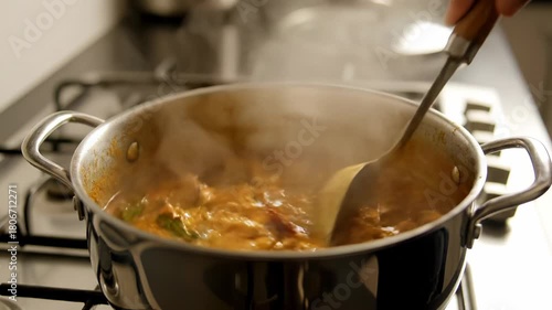 A pot of bubbling, steaming food is being stirred on a stovetop with a wooden-handled utensil. Warm, inviting tones fill the frame
