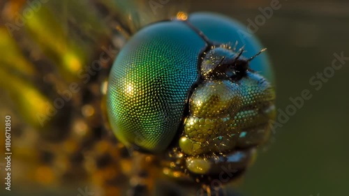 A mesmerizing macro shot showcases a compound eye, boasting intricate facets of vibrant green and blue hues. The image is highly detailed