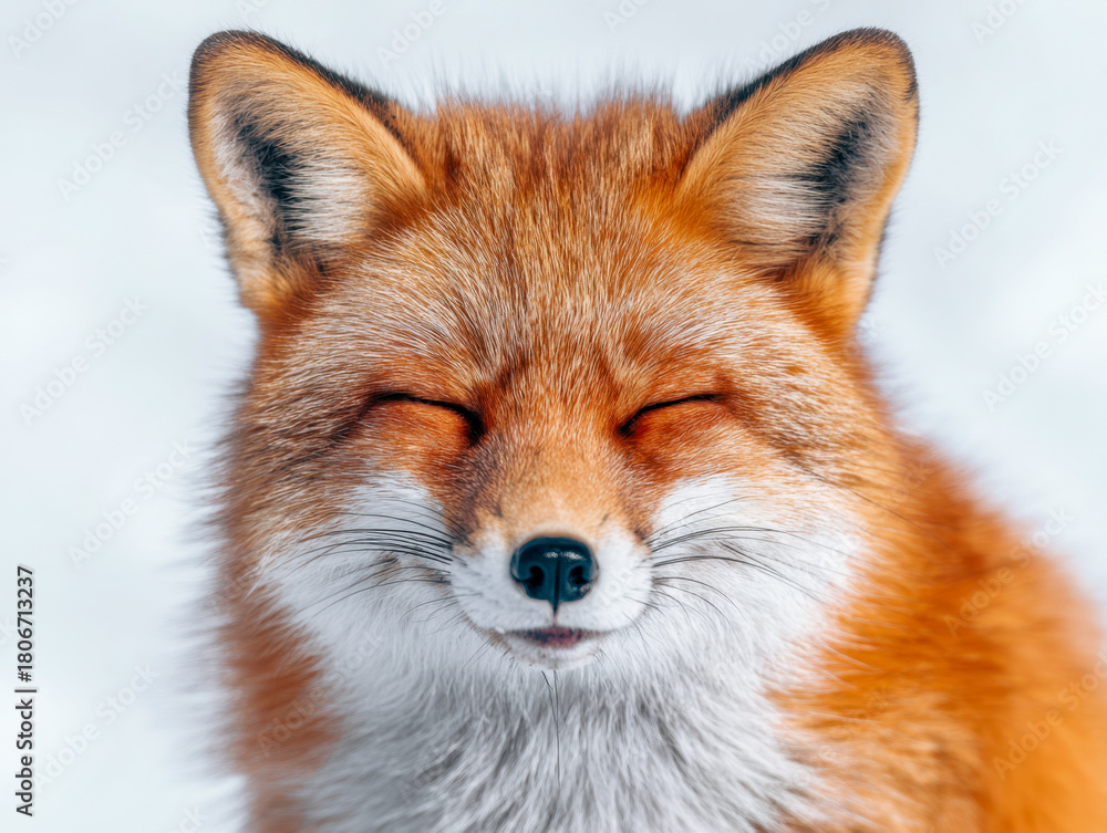 Fototapeta premium Portrait of a content red fox with eyes closed against a snowy white background showing vibrant fur textures and serene expression