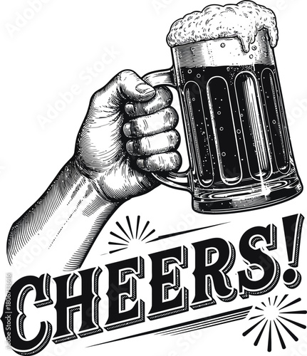 Hand holding foamy beer mug with cheers text vintage illustration