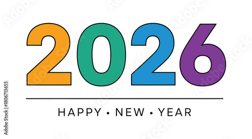 Vibrant and cheerful design for the year 2026, wishing everyone a happy new year with colorful numbers and a minimalist style, isolated on