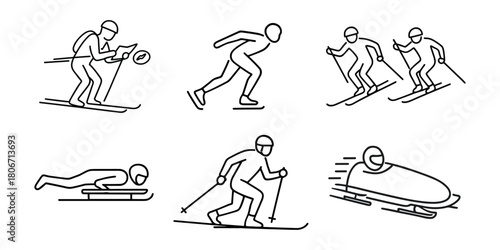 Winter sports icon pack – includes bobsleigh, skeleton, speed skating, ski orienteering, cross-country, and biathlon. Vector illustration.