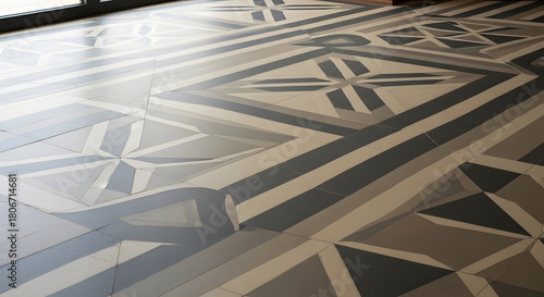 Elegant interior view of a sophisticated geometrical pattern floor design with intricate lines and neutral colors