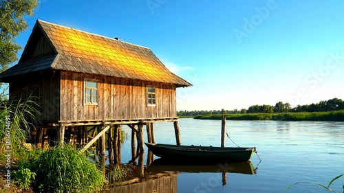 A wooden cabin on stilts sits beside a tranquil river. A green boat is tied nearby, reflected in the water, under a blue sky