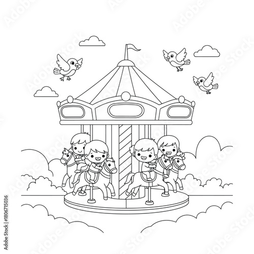 Children riding carousel coloring page vector illustration