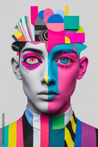 Maximalist illustration  of a Surreal Portrait. The head is a collage of disparate brightly coloured shapes (stripes dots neon textures). Different eyes are rendered in different styles (one geometric