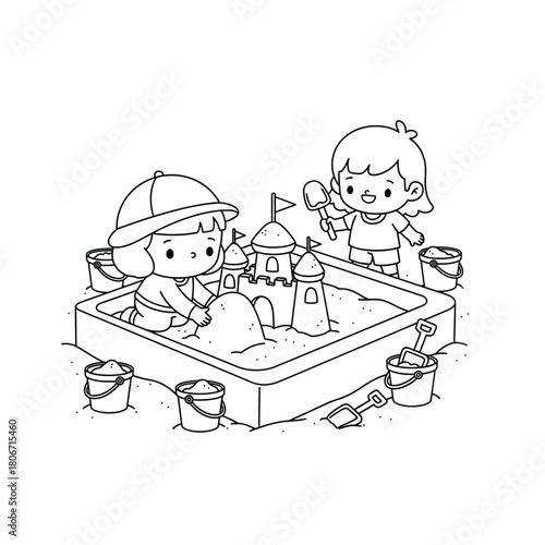 Kids building sandcastle in sandbox coloring page vector illustration
