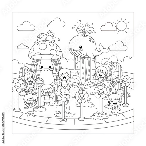 Children playing at whimsical splash pad coloring page vector illustration