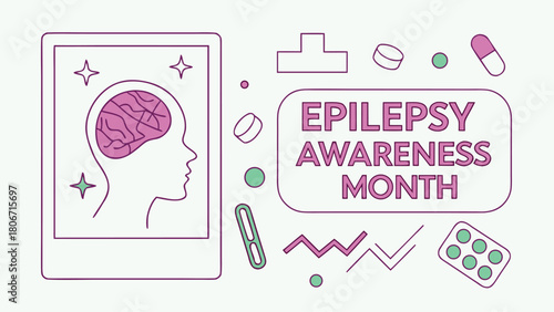 Epilepsy awareness month graphic with brain and medical symbols