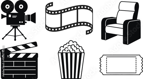 Set of movie and cinema entertainment icons for film production.