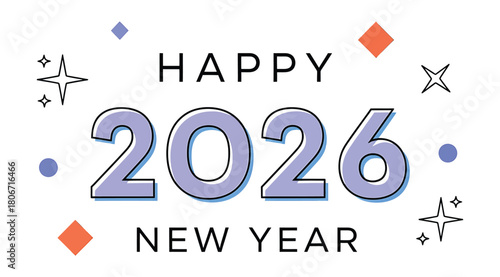 Cheerful and modern design showcasing the year 2026, perfect for new year celebrations, featuring playful typography and festive geometric elements isolated on a vibrant and eyecatching design