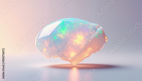Opal gemstone shimmers with iridescent light on neutral backdrop, showing its unique play of color, opal gemstone is captivating.