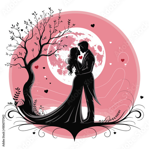 Romantic couple embracing under a tree with pink moon and hearts