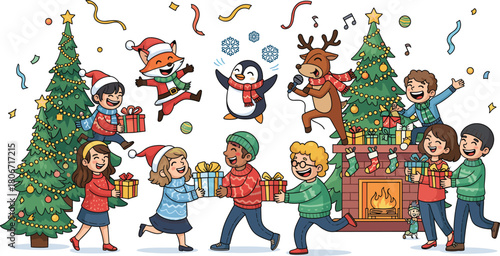 Christmas celebration illustration, festive party, holiday gathering, gift exchange, anthropomorphic animals, winter clothes, fireplace, decorations, joy, togetherness