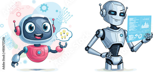 Creative robot illustration, AI characters, cartoon robots, technology concept, innovation, data analysis, futuristic design, artificial intelligence, digital interface, teamwork