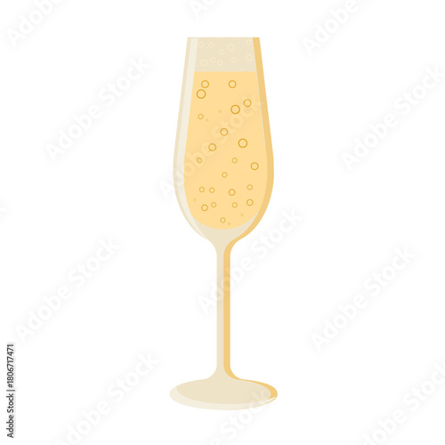 A tall champagne flute glass, vector color illustration in flat style. Festive sparkling wine on an isolated background.