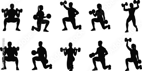 Dumbbell workout silhouettes, strength training, fitness poses, lunges, overhead press, gym exercise, black figures, body movement, muscle focus
