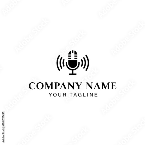 A minimalist black logo featuring a vintage microphone with sound waves, suitable for a podcast or broadcast company.