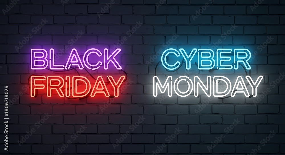 Obraz premium Black friday and cyber monday neon sign on brick wall isolated on white background