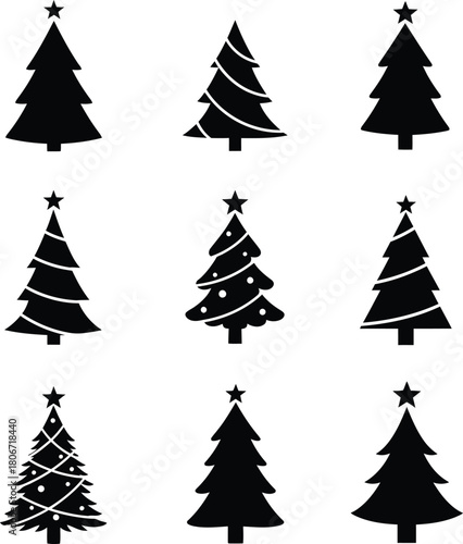 Nine different black Christmas tree silhouettes with star toppers and decorations, a minimal vector collection perfect for holiday and winter themes.