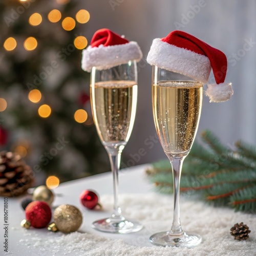 wo Champagne Glasses with Mini Christmas Hats, Blurred Festive Background, Holiday Celebration