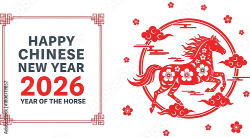 Celebrate the chinese new year 2026, the year of the horse, with this festive design featuring traditional chinese elements and a stylized horse illustration, isolated on