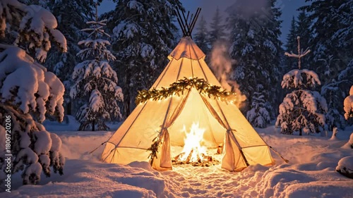 Wallpaper Mural Glowing Canvas Tent in Snowy Forest with Falling Snow Torontodigital.ca
