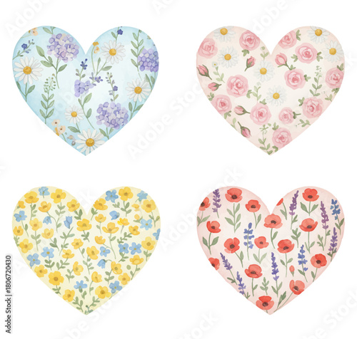 Set four unique hearts filled with various wildflowers vector design. Daisy, ...