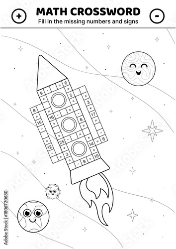 Rocket in open space. Math crossword. Addition, subtraction, multiplication, division. Fill in the missing numbers and signs. Solve the problem. Educational attention game for kids. Isolated vector il