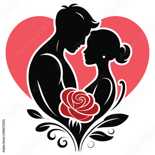 Couple embracing with red rose and heart silhouette