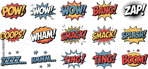 Comic sound effects, pop art explosion, retro comic style, onomatopoeia words, colorful comic grid, action typography, cartoon exclamations, dynamic comic layout, halftone bursts
