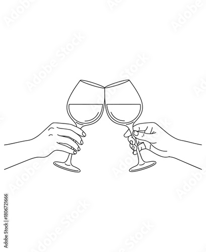 hand holding a Wine Glasses,
Cheers Illustration,
Minimalist Black Line Art of Hands Clinking Wine Glasses