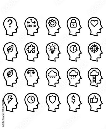 set of Conceptual Head Icons,
Conceptual Head Icons Set,
Minimalist Black Line Illustrations of Ideas, Thinking, and Mind Symbols