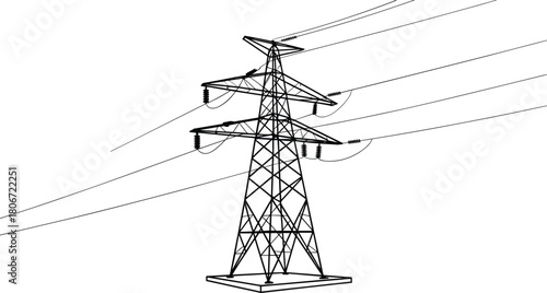 High voltage transmission tower, electricity pylon, lattice structure, power grid infrastructure, energy distribution, insulators, CAD vector, engineering concept, utility pole,