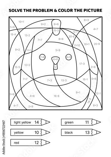 Solve the problem, color the picture. Kawaii chick. Black and white. Coloring book. Addition, Subtraction. Coloring book. Isolated vector illustration eps 10