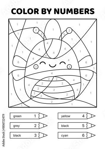 Color by number. Black and white. Kawaii bee. Coloring page. Game for kids. Isolated vector illustration eps 10