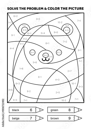 Solve the problem, color the picture. Kawaii bear. Black and white. Coloring book. Addition, Subtraction. Coloring book. Isolated vector illustration eps 10