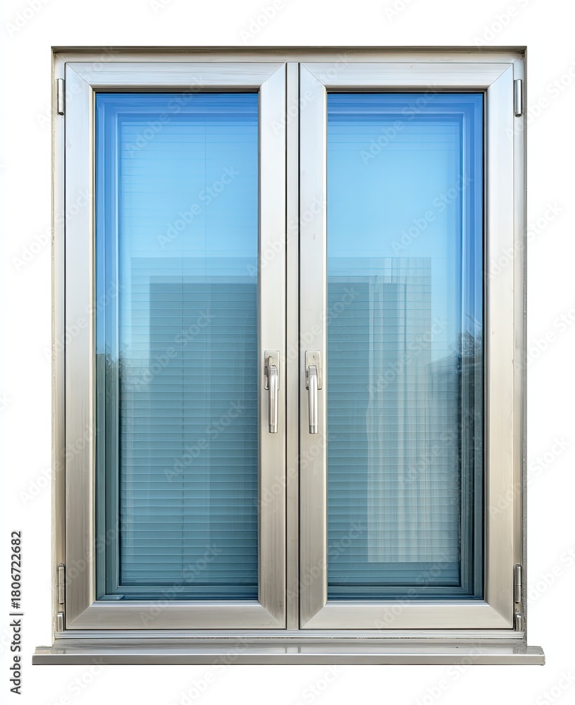 Fototapeta premium A light gray double-hung window. Clear glass shows a slightly out-of-focus cityscape