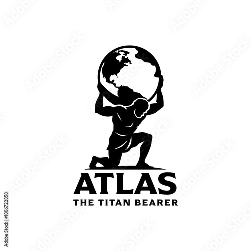 Powerful titan figure lifting a detailed globe in bold silhouette style, ideal for strong branding concepts. Editable Vector File
