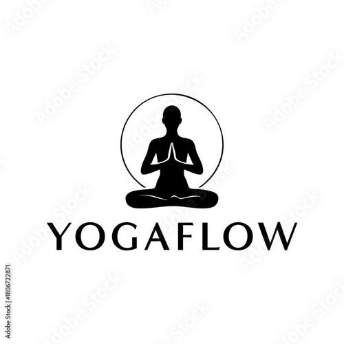 Calm meditation silhouette seated in a balanced pose with a minimal circle backdrop, perfect for wellness and yoga branding. Editable Vector File
