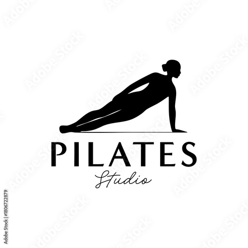 Elegant Pilates silhouette performing a side plank pose with clean minimal styling, ideal for fitness and studio branding. Editable Vector File
