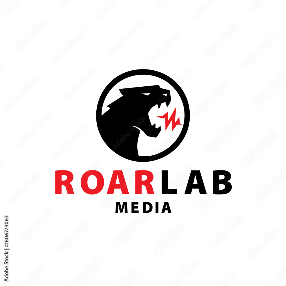 Obraz premium Bold media logo featuring a roaring panther silhouette with a dynamic sound wave accent inside a circular emblem. Editable Vector File 