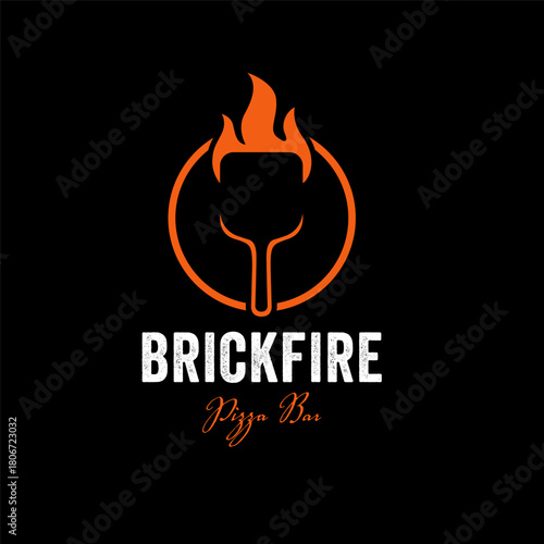 Bold pizza bar logo featuring a flaming pizza peel inside a circular frame, perfect for restaurants, pizzerias, and food branding. Editable Vector File
