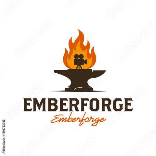 Creative logo featuring a classic film camera rising from flames atop an anvil, symbolizing powerful cinematic craftsmanship. Editable Vector File
