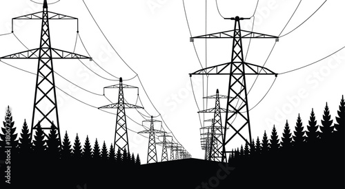 High voltage transmission towers, power lines in forest, electricity infrastructure, energy grid, rural landscape, utility pylons, conifer trees, industrial network, nature contrast, electric supply