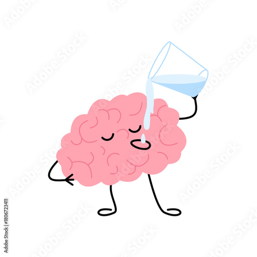 Brain character drinking water from glass. Cute cartoon brain promoting hydration and healthy mind. Concept of smart health and intelligent well-being. Vector illustration
