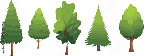 Tree illustration, botanical diversity, stylized foliage, forest concept, nature art, seasonal trees, conifer silhouette, leafy canopy, landscape design, eco theme, educational graphic, artistic trees