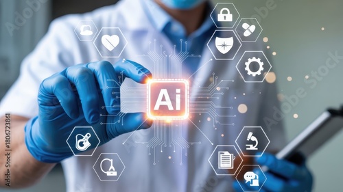 Medical professional handles glowing chip symbolizing the integration of artificial intelligence into healthcare technology