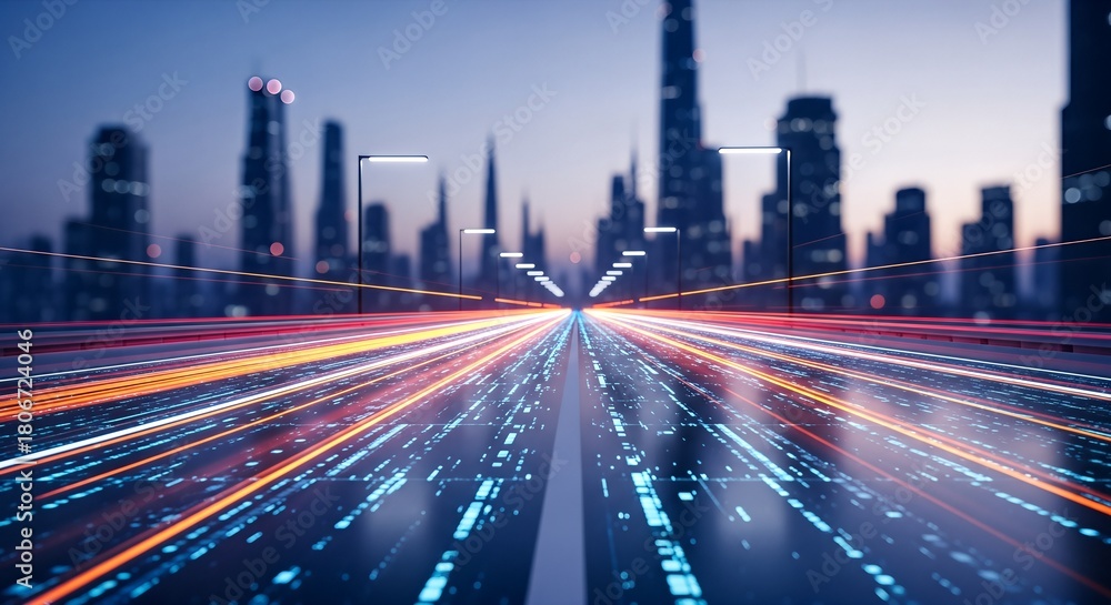Fototapeta premium Futuristic Cityscape with Dynamic Light Trails on a Modern Highway.